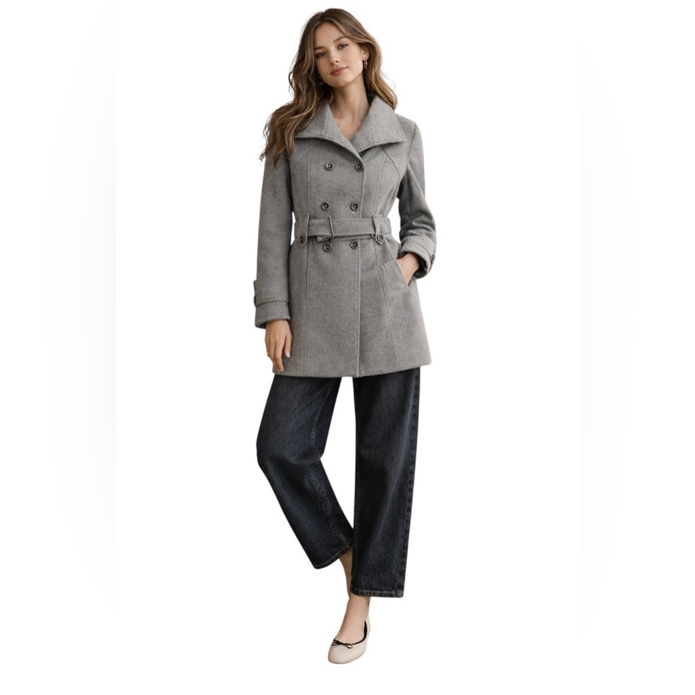 Womens Double-Breasted Wool Blend Peacoat - Gray